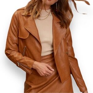 Skies Are Blue Jacket Motorcycle Moto Faux Leather Vegan Brown Open Front Size S
